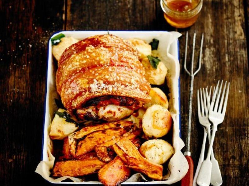 Roast Pork Leg with Crackling and Roasted Vegetables