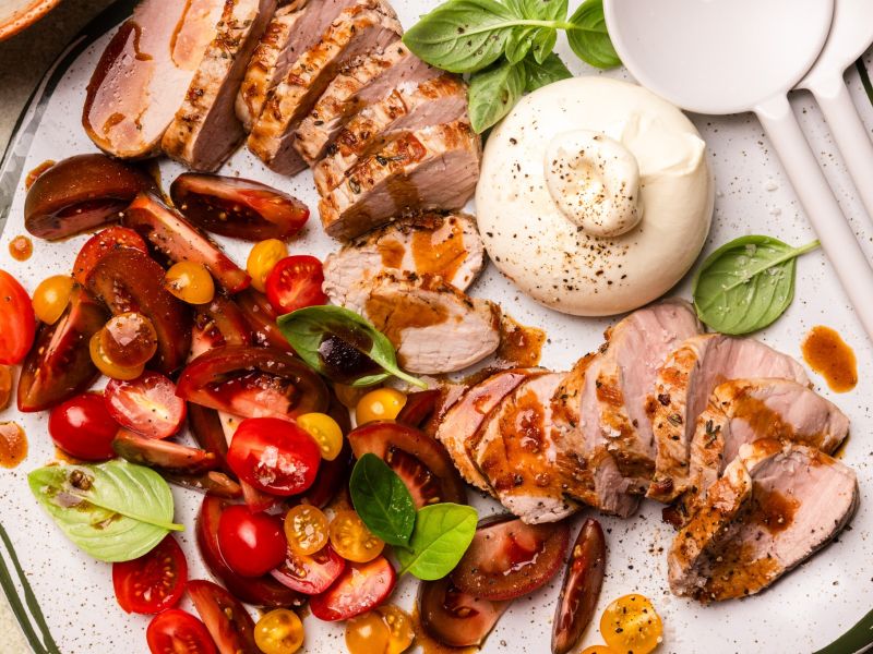 Lemon Garlic Pork Fillet with Summer Tomato & Burrata Salad