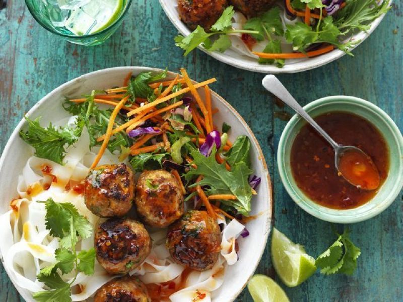 Thai Red Curry Pork Meatballs with Noodles