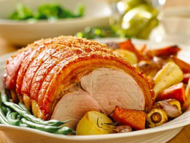Roast Pork with Crackling, Roasted Vegetables and Apple Sauce